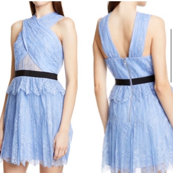 Self-Portrait Cross Front Fine Lace Blue Mini Dress - Picture 4 of 7
